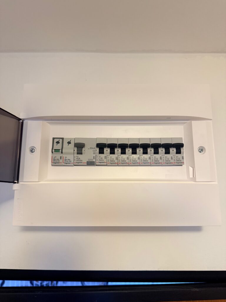 lakáselosztószekrény fí relével és túlfeszültség levezetővel